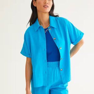🐈Reitmans Linen Blend Button Up Blouse Blue S